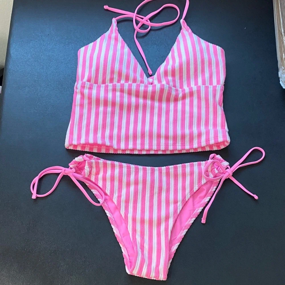 🔥Seamolly NWOT Striped Pink and White Bikini Set - Picture 1 of 5
